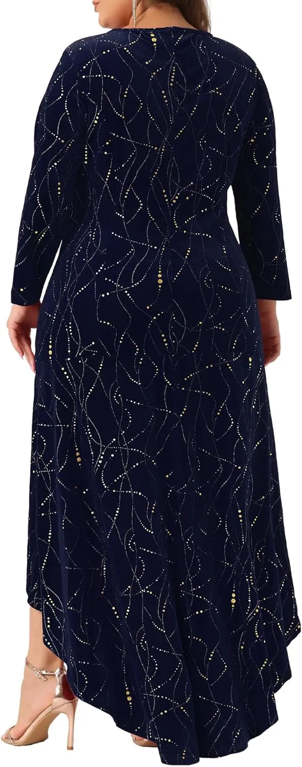 Agnes Orinda Plus Size Dresses for Women 3/4 Sleeves Mermaid High Low Hem Maxi Velvet Formal Dress