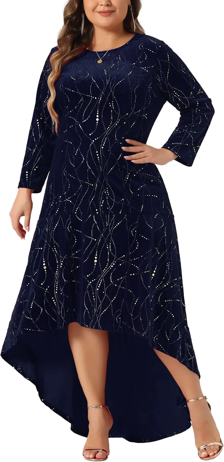 Agnes Orinda Plus Size Dresses for Women 3/4 Sleeves Mermaid High Low Hem Maxi Velvet Formal Dress
