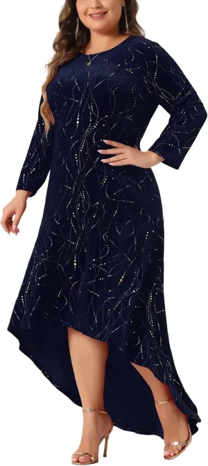 Agnes Orinda Plus Size Dresses for Women 3/4 Sleeves Mermaid High Low Hem Maxi Velvet Formal Dress