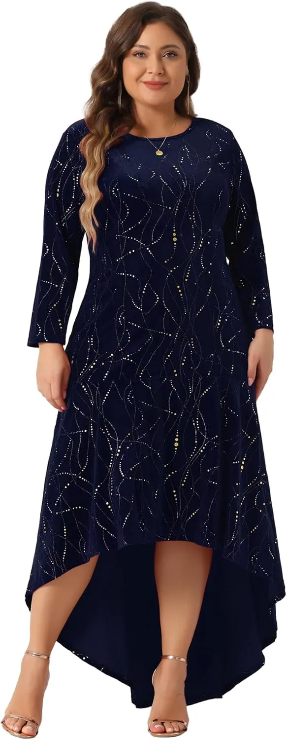 Agnes Orinda Plus Size Dresses for Women 3/4 Sleeves Mermaid High Low Hem Maxi Velvet Formal Dress
