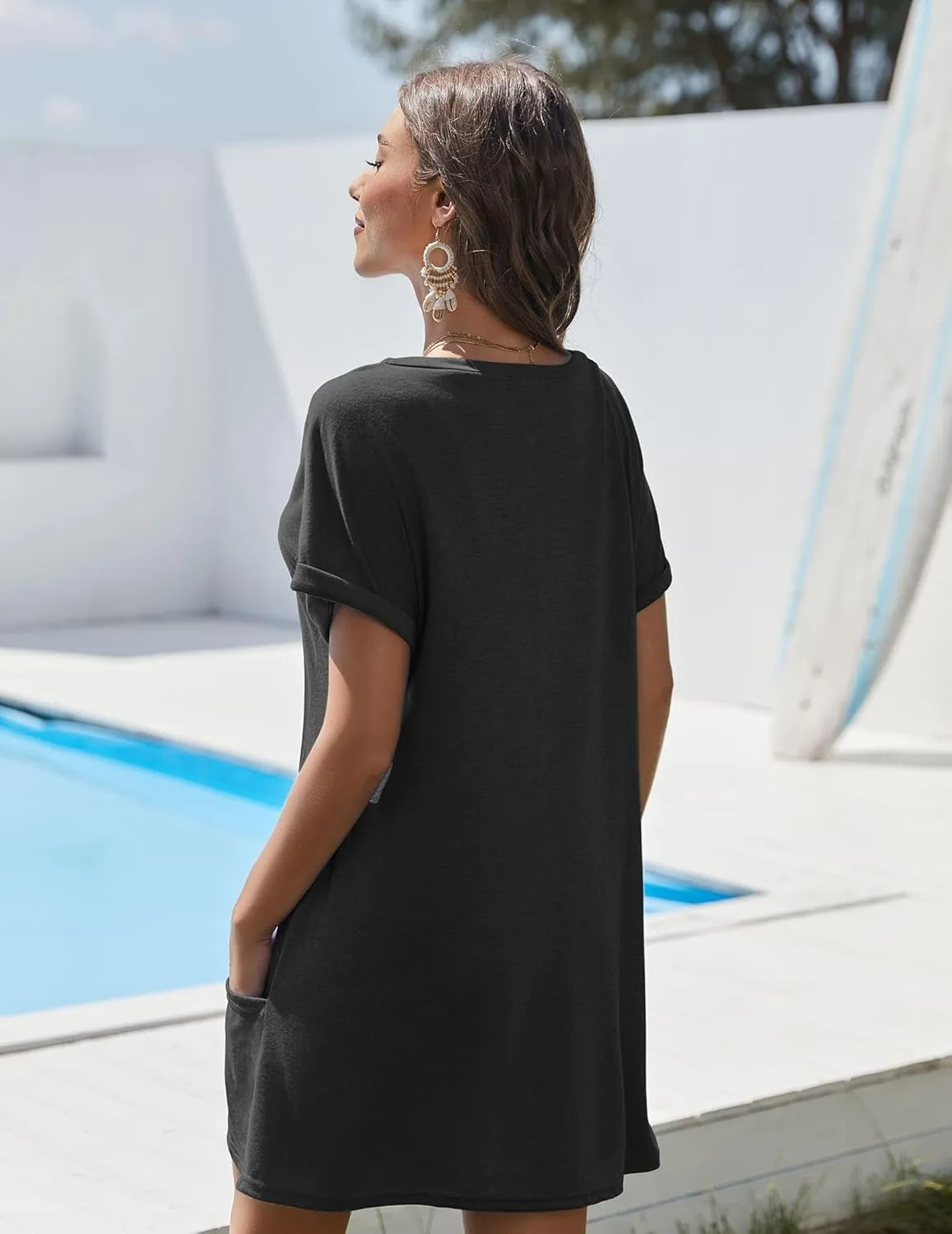 AI'MAGE Swimsuit Coverup for Women 2025 Bathing Suit Cover Up Short Sleeve Swimwear Bikini Beach T-Shirt with Pockets