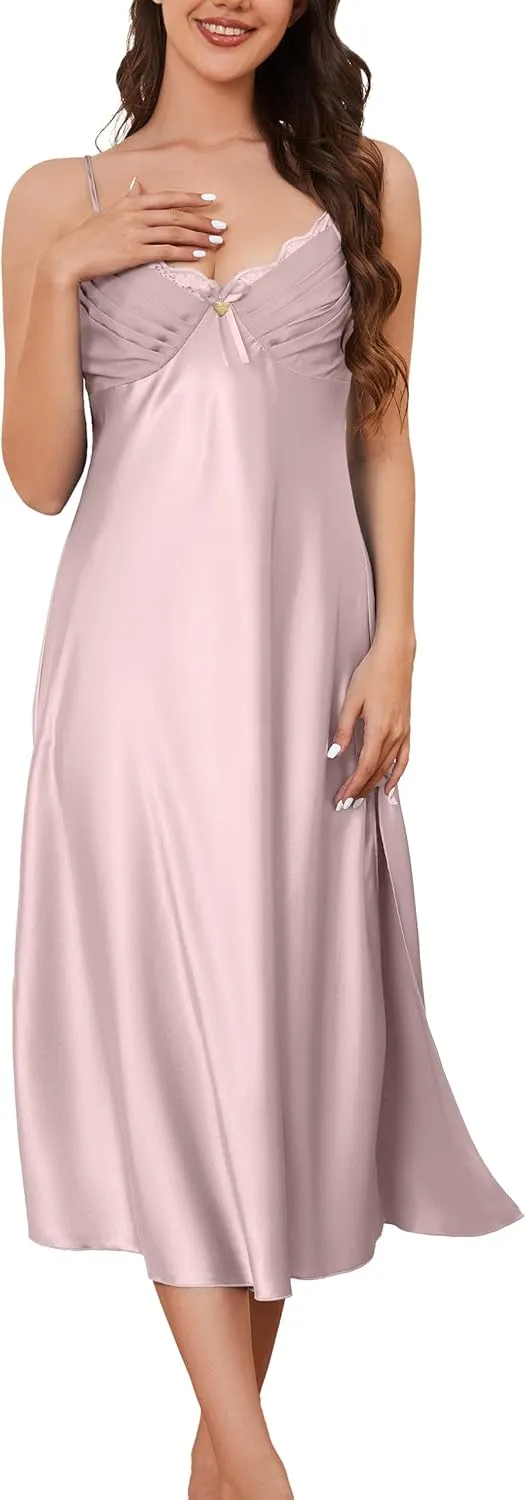 ALCEA ROSEA Women Silk Satin Nightgown Sexy Lace Chemise Lingerie Long Sleepdress for Ladies Sleepwear Slip Negligee