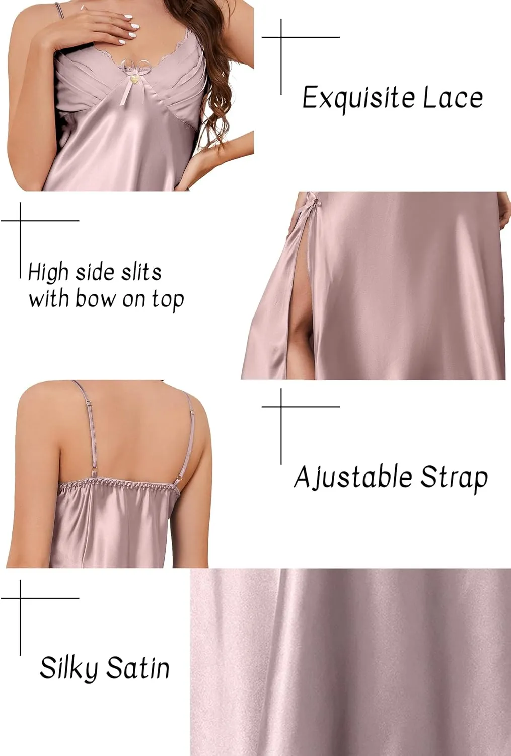 ALCEA ROSEA Women Silk Satin Nightgown Sexy Lace Chemise Lingerie Long Sleepdress for Ladies Sleepwear Slip Negligee
