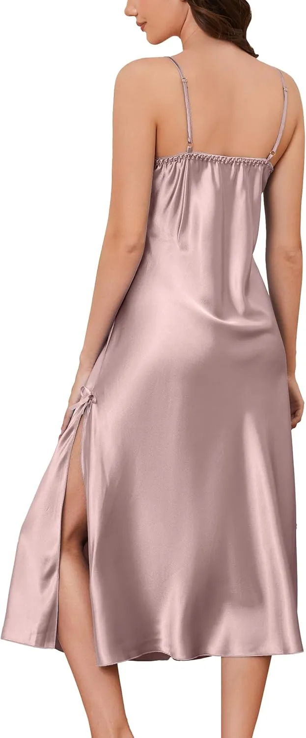 ALCEA ROSEA Women Silk Satin Nightgown Sexy Lace Chemise Lingerie Long Sleepdress for Ladies Sleepwear Slip Negligee