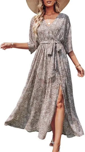 ANRABESS Women’s Summer Loose Boho Flowy Wrap V Neck 3/4 Sleeve Floral Print Slit Beach Wedding Guest Long Maxi Dresses