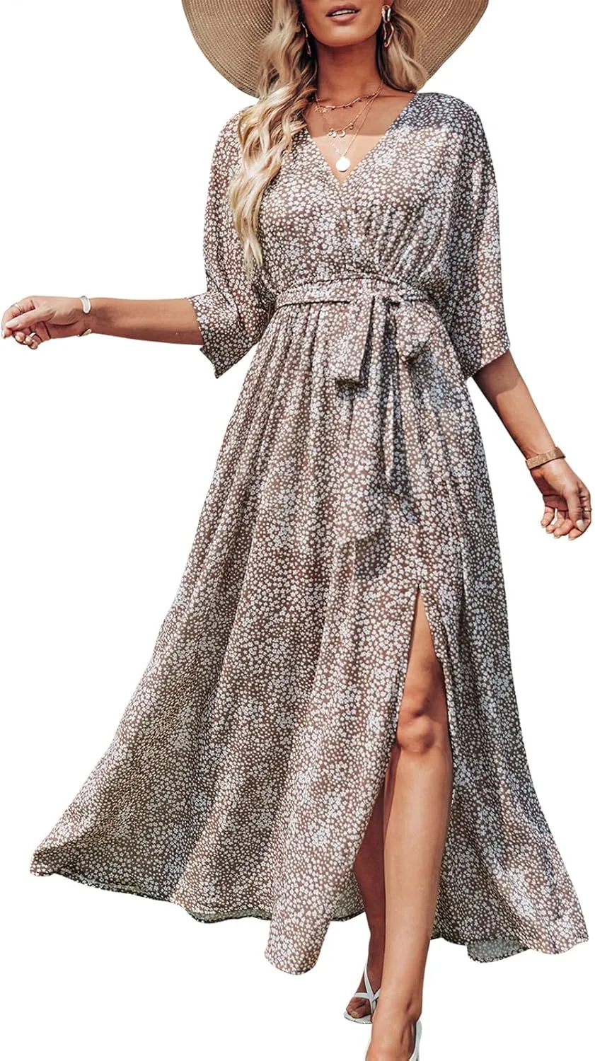 ANRABESS Women’s Summer Loose Boho Flowy Wrap V Neck 3/4 Sleeve Floral Print Slit Beach Wedding Guest Long Maxi Dresses