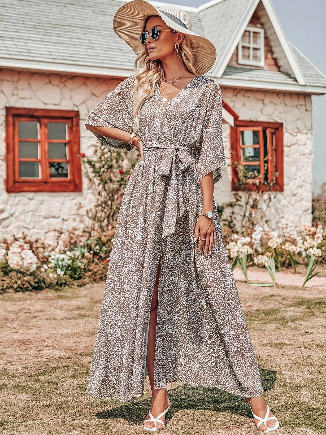 ANRABESS Women’s Summer Loose Boho Flowy Wrap V Neck 3/4 Sleeve Floral Print Slit Beach Wedding Guest Long Maxi Dresses