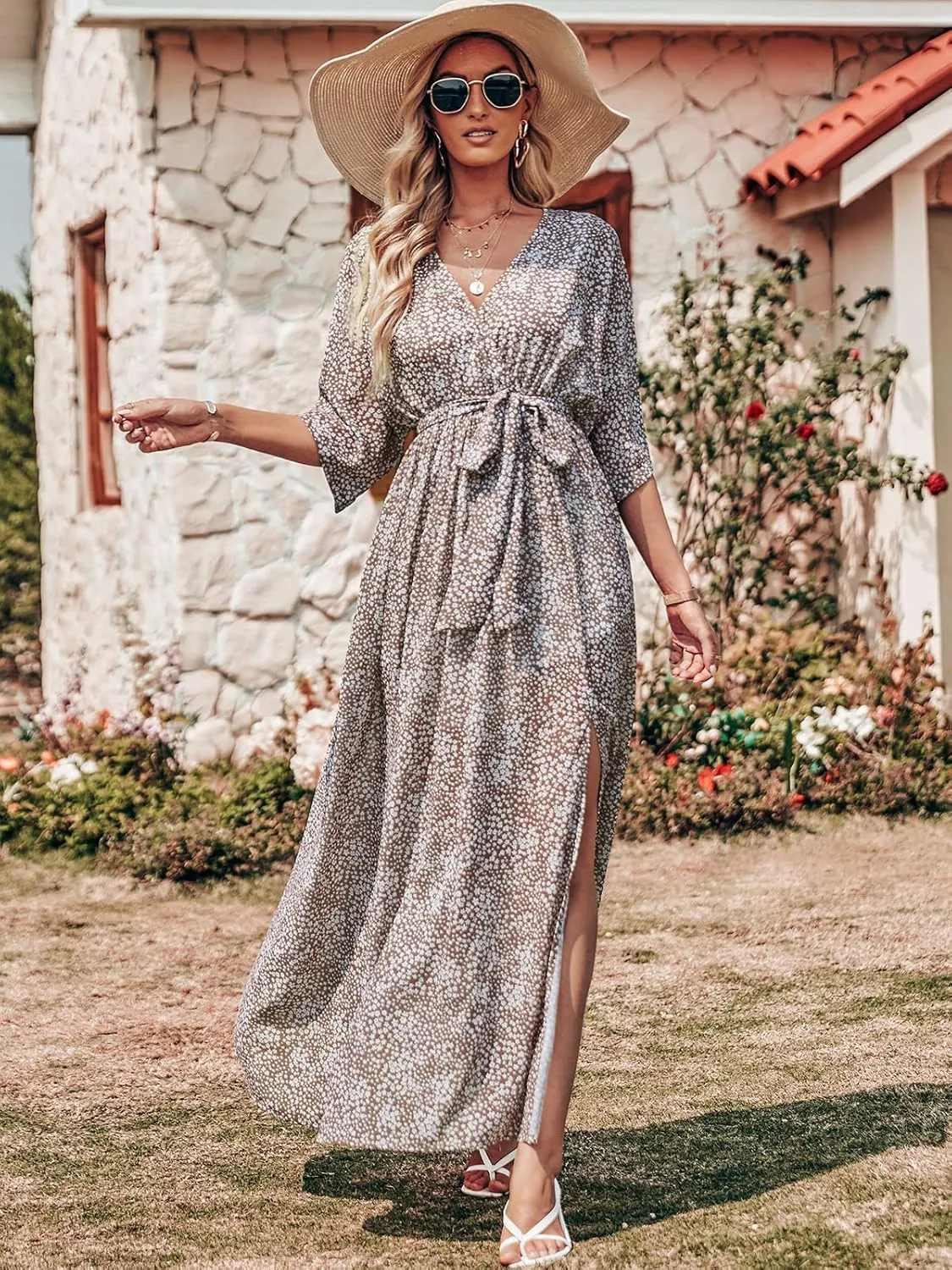 ANRABESS Women’s Summer Loose Boho Flowy Wrap V Neck 3/4 Sleeve Floral Print Slit Beach Wedding Guest Long Maxi Dresses
