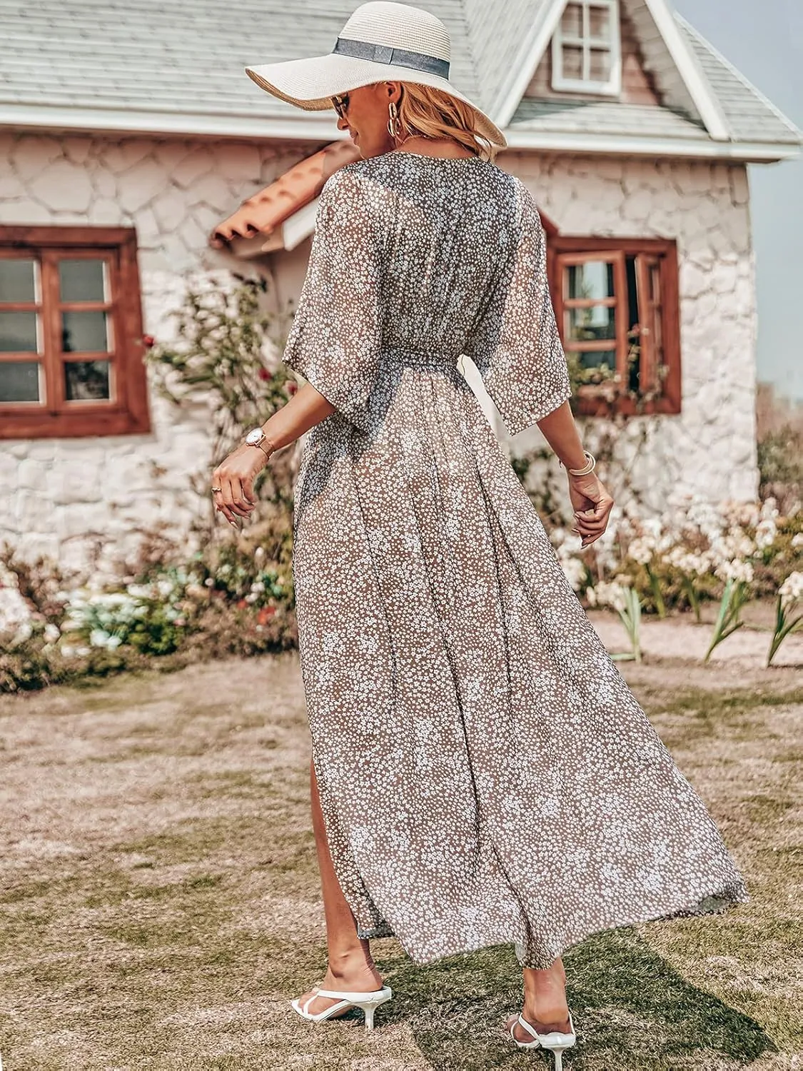 ANRABESS Women’s Summer Loose Boho Flowy Wrap V Neck 3/4 Sleeve Floral Print Slit Beach Wedding Guest Long Maxi Dresses