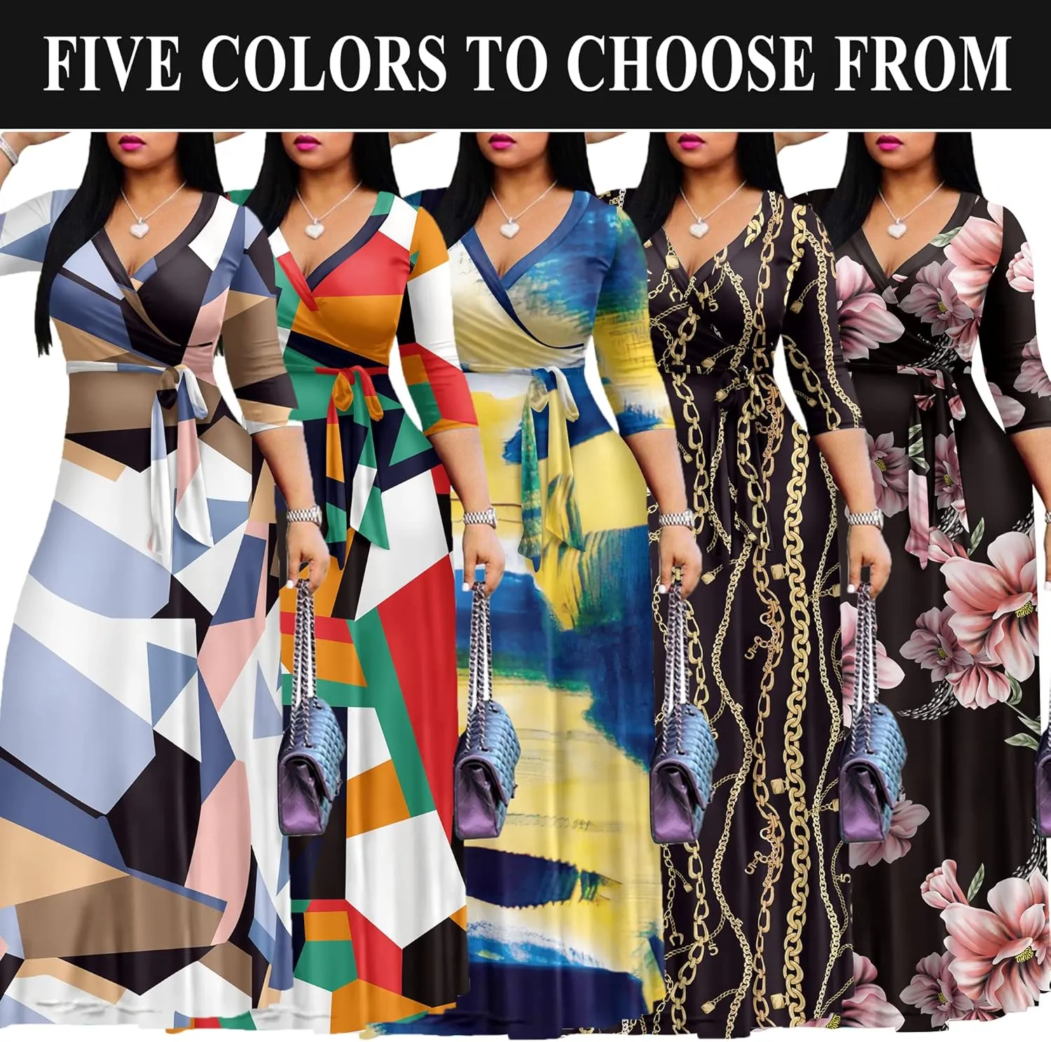 AOMONI Women Summer Maxi Dress V Neck 3/4 Sleeve for Women Casual Printed Empire Waist Tie Waist Belted Dresses