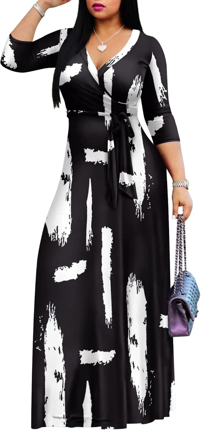 AOMONI Women Summer Maxi Dress V Neck 3/4 Sleeve for Women Casual Printed Empire Waist Tie Waist Belted Dresses