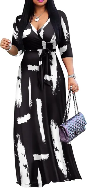 AOMONI Women Summer Maxi Dress V Neck 3/4 Sleeve for Women Casual Printed Empire Waist Tie Waist Belted Dresses