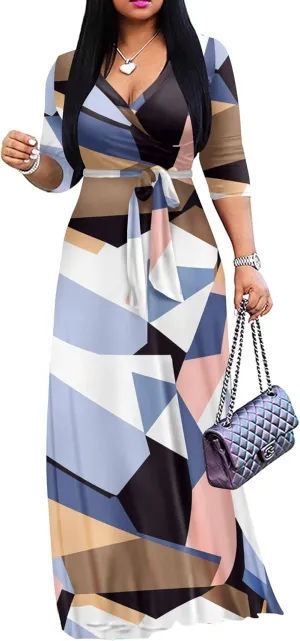 AOMONI Women Summer Maxi Dress V Neck 3/4 Sleeve for Women Casual Printed Empire Waist Tie Waist Belted Dresses