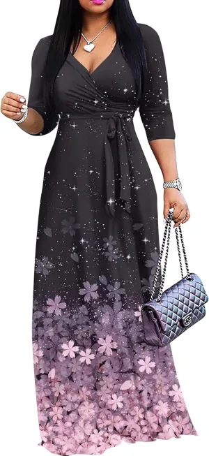 AOMONI Women Summer Maxi Dress V Neck 3/4 Sleeve for Women Casual Printed Empire Waist Tie Waist Belted Dresses