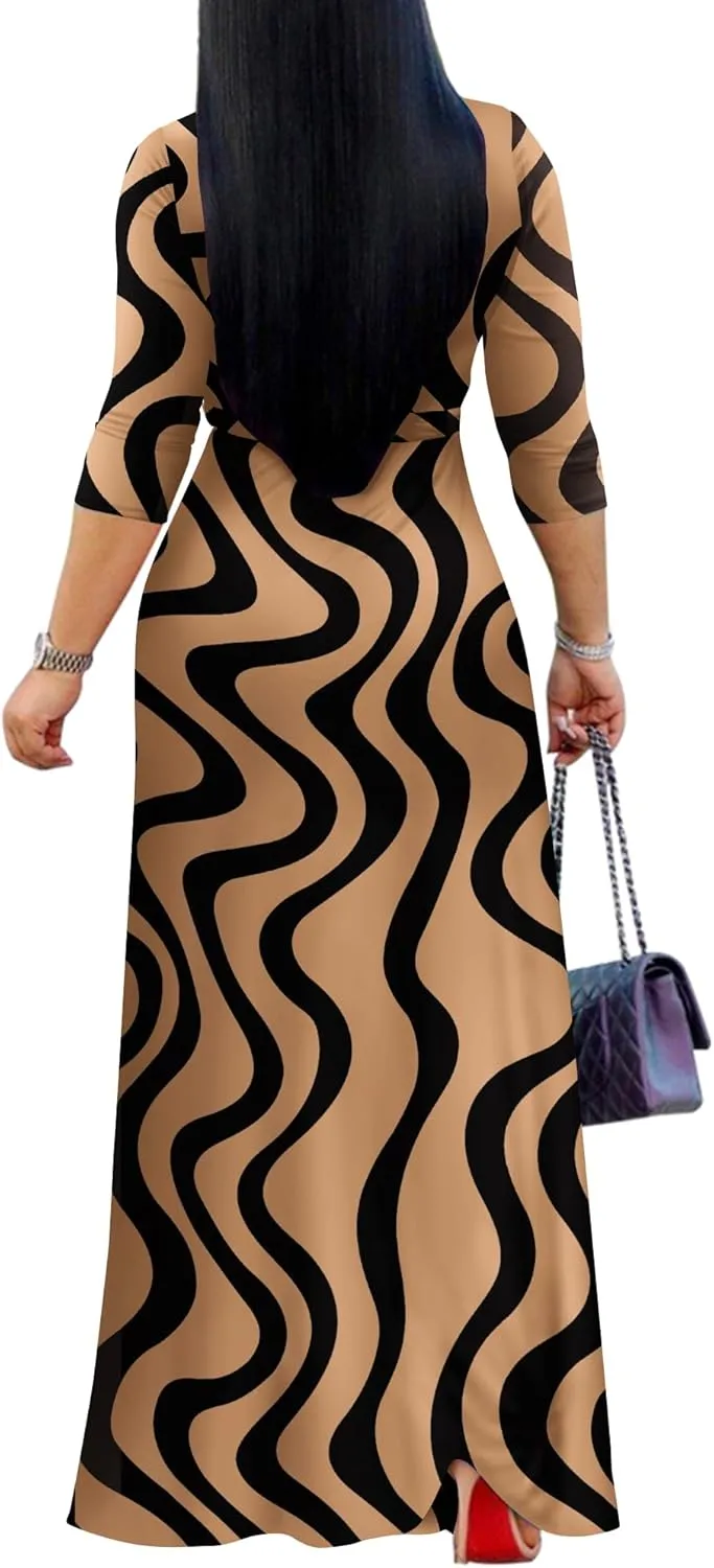 AOMONI Women Summer Maxi Dress V Neck 3/4 Sleeve for Women Casual Printed Empire Waist Tie Waist Belted Dresses