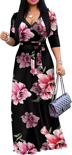 AOMONI Women Summer Maxi Dress V Neck 3/4 Sleeve for Women Casual Printed Empire Waist Tie Waist Belted Dresses