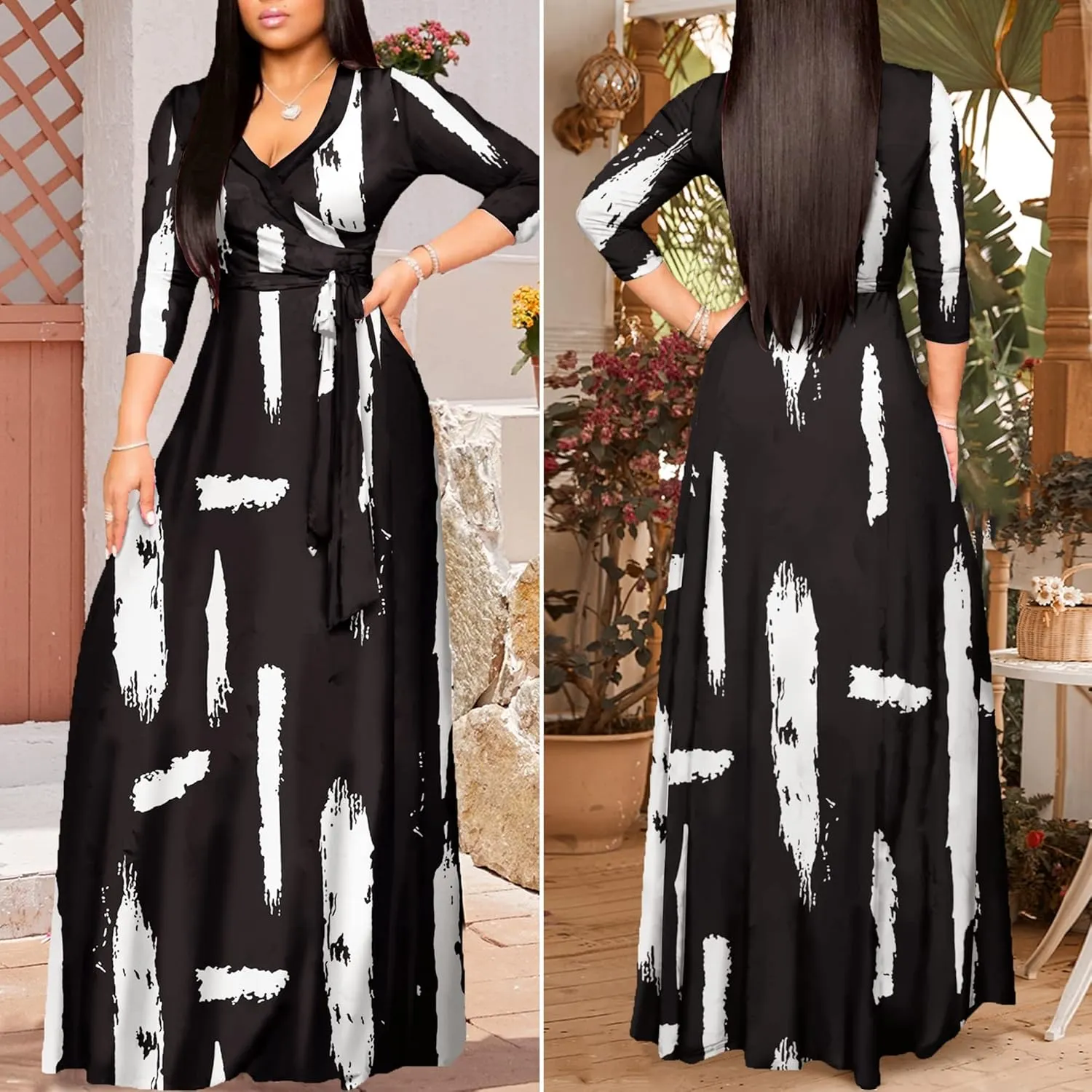AOMONI Women Summer Maxi Dress V Neck 3/4 Sleeve for Women Casual Printed Empire Waist Tie Waist Belted Dresses