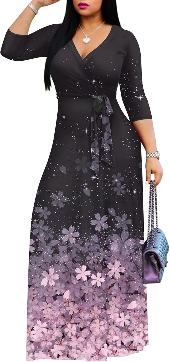 AOMONI Women Summer Maxi Dress V Neck 3/4 Sleeve for Women Casual Printed Empire Waist Tie Waist Belted Dresses