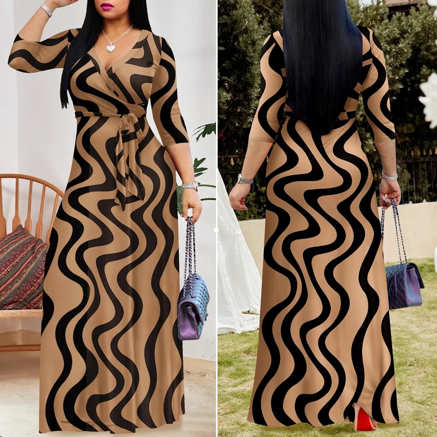 AOMONI Women Summer Maxi Dress V Neck 3/4 Sleeve for Women Casual Printed Empire Waist Tie Waist Belted Dresses