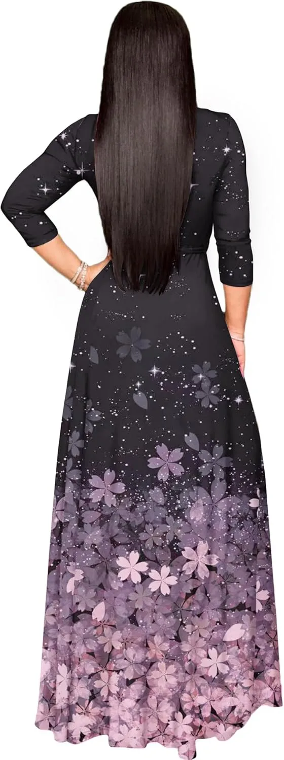 AOMONI Women Summer Maxi Dress V Neck 3/4 Sleeve for Women Casual Printed Empire Waist Tie Waist Belted Dresses