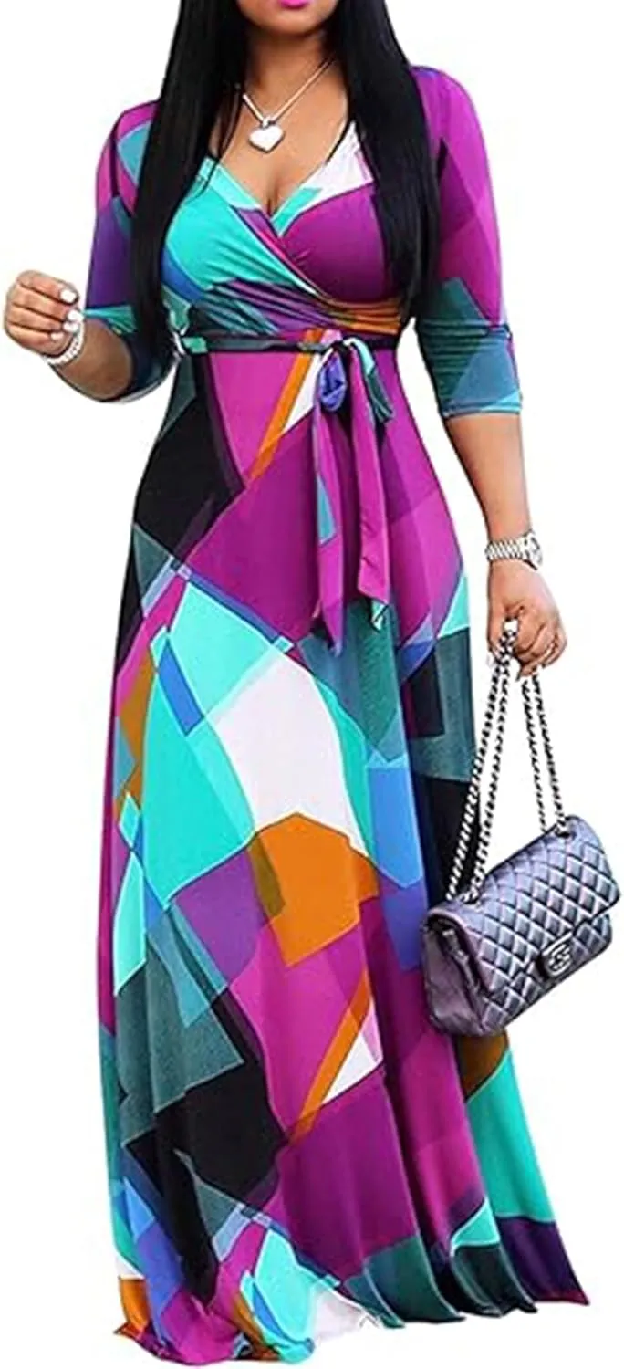 AOMONI Women Summer Maxi Dress V Neck 3/4 Sleeve for Women Casual Printed Empire Waist Tie Waist Belted Dresses