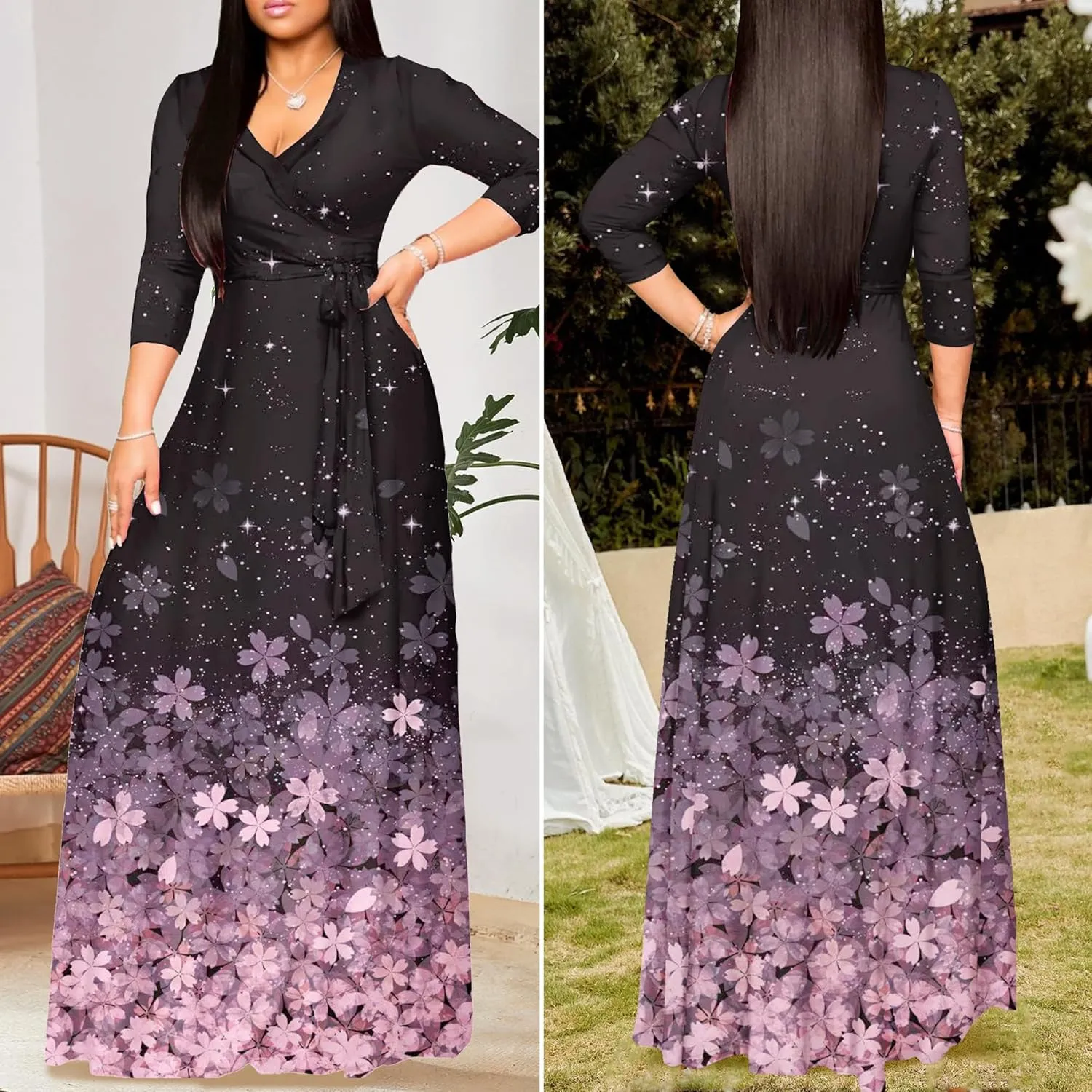 AOMONI Women Summer Maxi Dress V Neck 3/4 Sleeve for Women Casual Printed Empire Waist Tie Waist Belted Dresses
