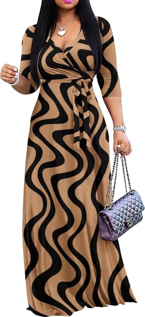 AOMONI Women Summer Maxi Dress V Neck 3/4 Sleeve for Women Casual Printed Empire Waist Tie Waist Belted Dresses