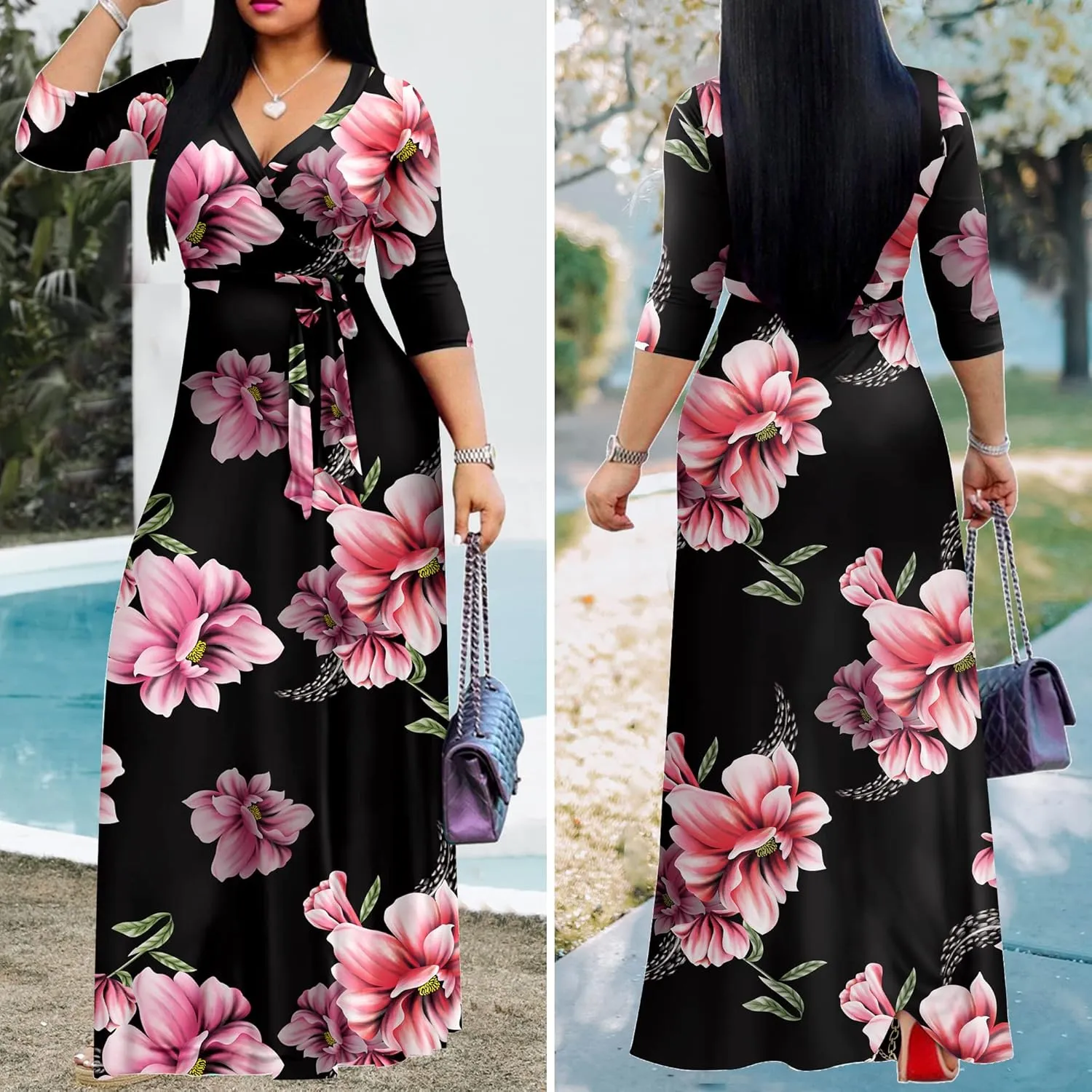 AOMONI Women Summer Maxi Dress V Neck 3/4 Sleeve for Women Casual Printed Empire Waist Tie Waist Belted Dresses