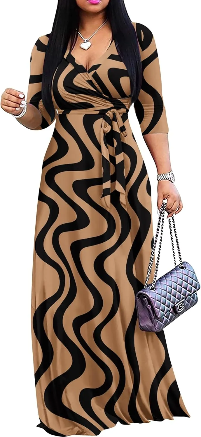AOMONI Women Summer Maxi Dress V Neck 3/4 Sleeve for Women Casual Printed Empire Waist Tie Waist Belted Dresses