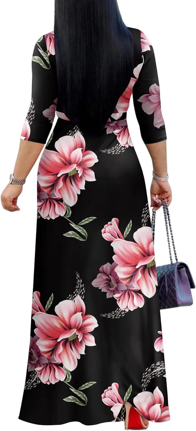 AOMONI Women Summer Maxi Dress V Neck 3/4 Sleeve for Women Casual Printed Empire Waist Tie Waist Belted Dresses