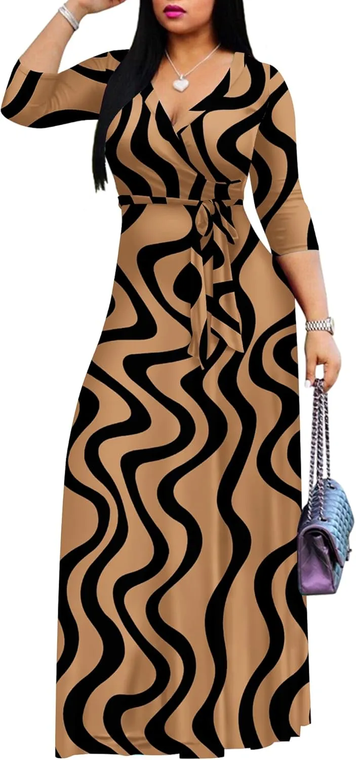 AOMONI Women Summer Maxi Dress V Neck 3/4 Sleeve for Women Casual Printed Empire Waist Tie Waist Belted Dresses