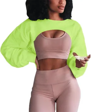 Artfish Women's Crewneck Long Sleeve Crop Tops Workout Gym Casual Cut-out Loose Cropped Sweatshirts