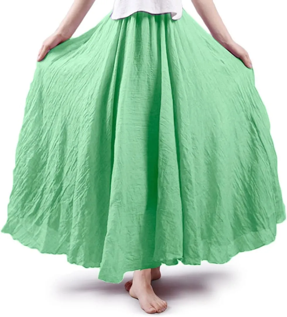 ASHER FASHION Women's Bohemian Style Elastic Waist Band Cotton Linen Long Maxi Skirt Dress