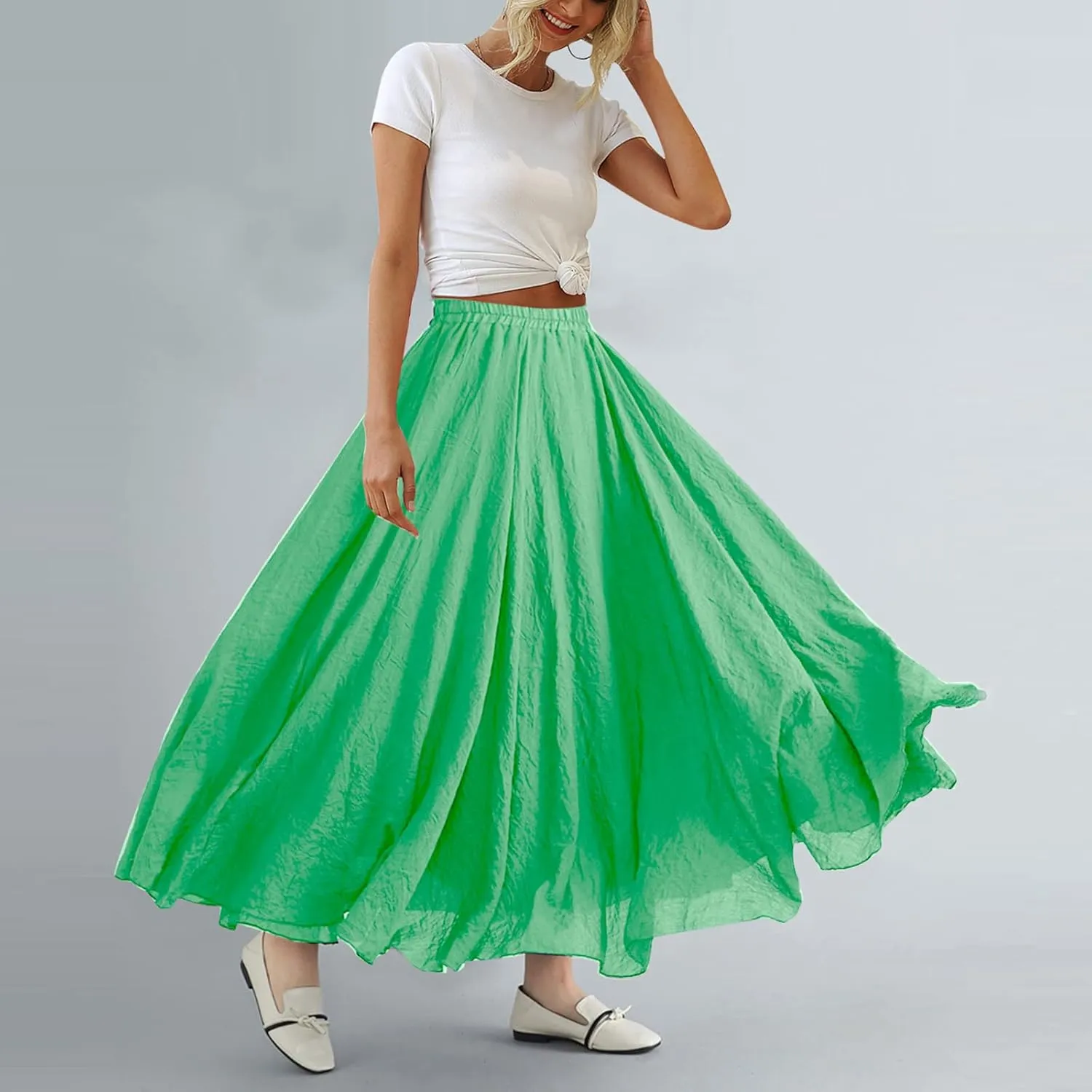 ASHER FASHION Women's Bohemian Style Elastic Waist Band Cotton Linen Long Maxi Skirt Dress