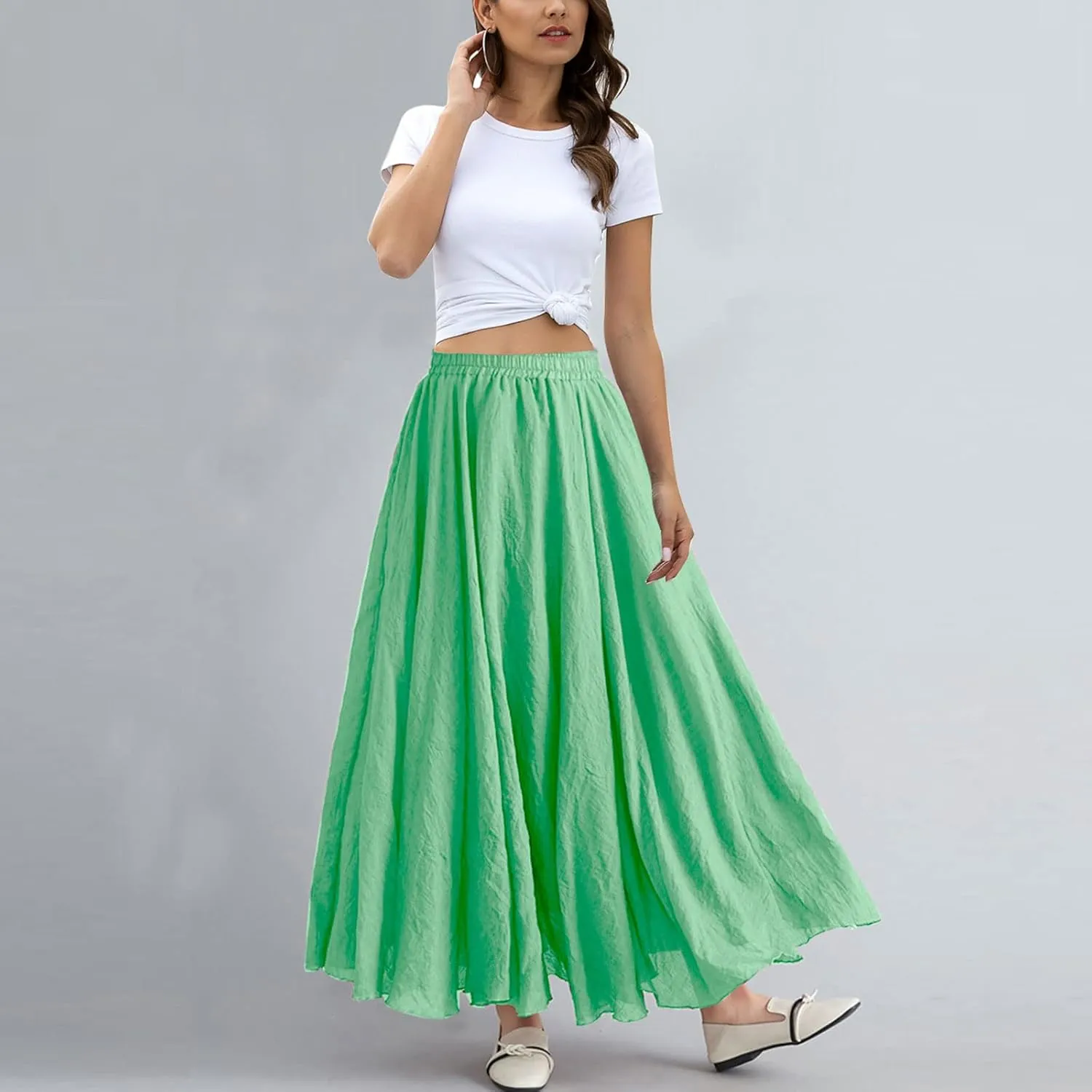 ASHER FASHION Women's Bohemian Style Elastic Waist Band Cotton Linen Long Maxi Skirt Dress