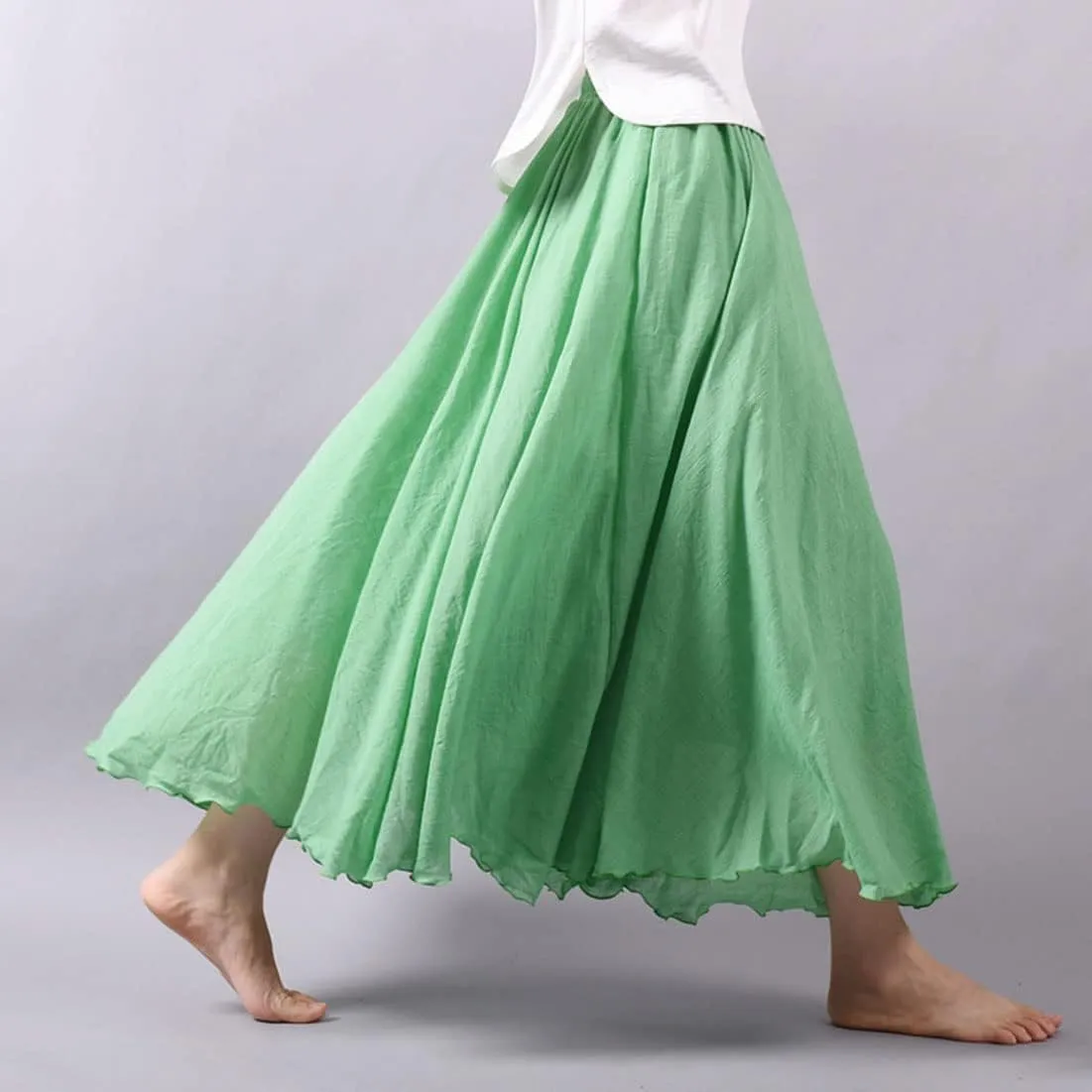 ASHER FASHION Women's Bohemian Style Elastic Waist Band Cotton Linen Long Maxi Skirt Dress