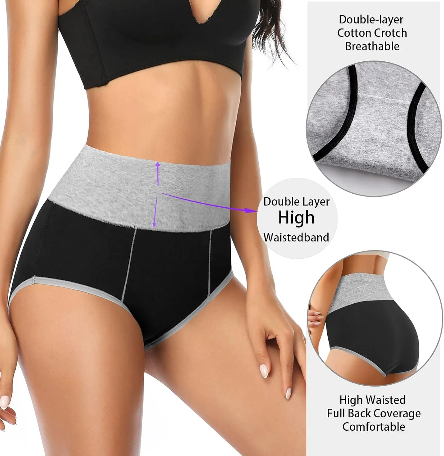 ASIMOON Women's High Waisted Cotton Underwear Tummy Control Panties Soft Full Coverage Ladies Briefs
