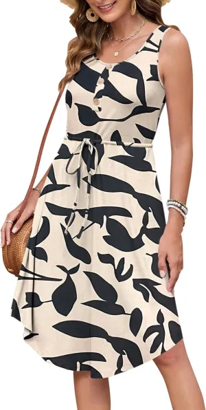 AUSELILY Drawstring Waist Dress for Women Sleeveless Sundress Casual Summer Scoop Neck Swing Midi Dresses 2025 with Pockets