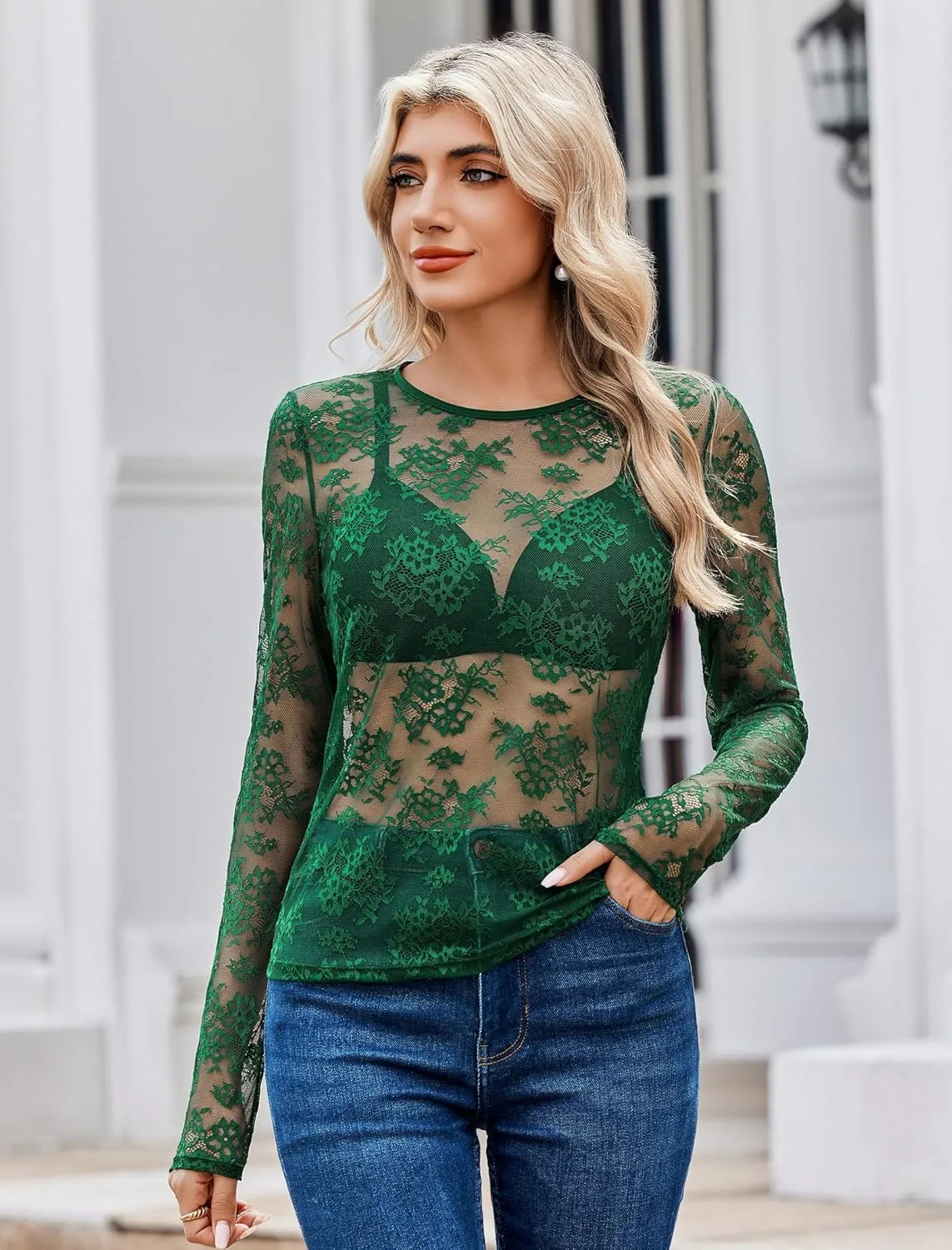 Avidlove Lace Mesh Top for Women Long Sleeve Crew Neck Sheer Blouse See Through Floral Lace Tops