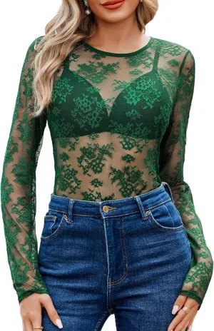 Avidlove Lace Mesh Top for Women Long Sleeve Crew Neck Sheer Blouse See Through Floral Lace Tops