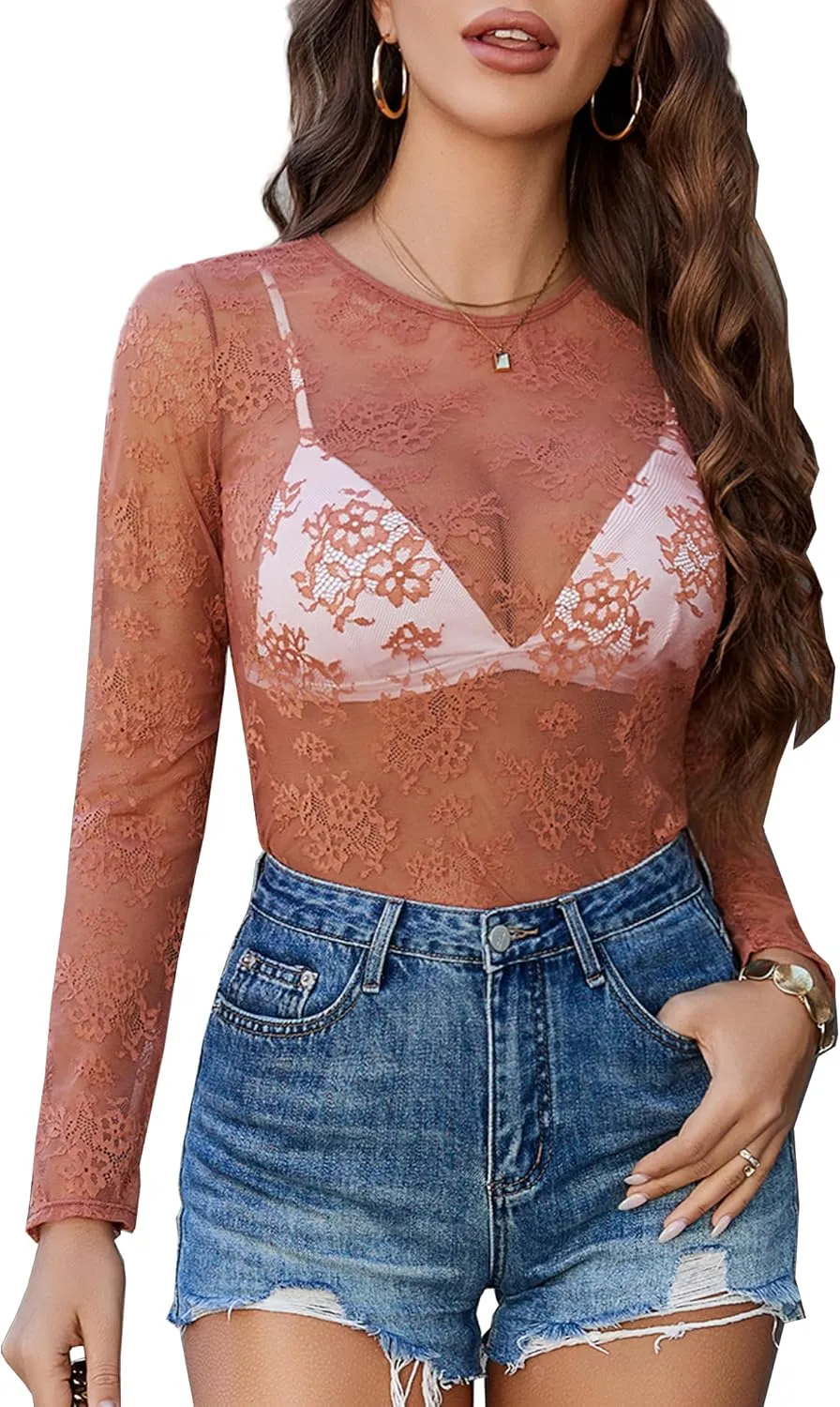 Avidlove Lace Mesh Top for Women Long Sleeve Crew Neck Sheer Blouse See Through Floral Lace Tops