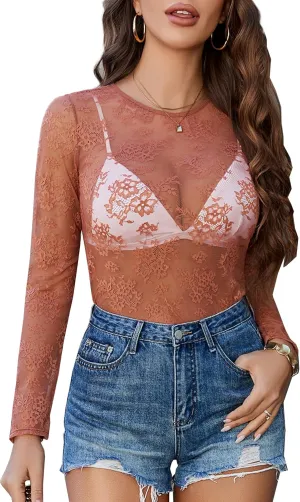 Avidlove Lace Mesh Top for Women Long Sleeve Crew Neck Sheer Blouse See Through Floral Lace Tops