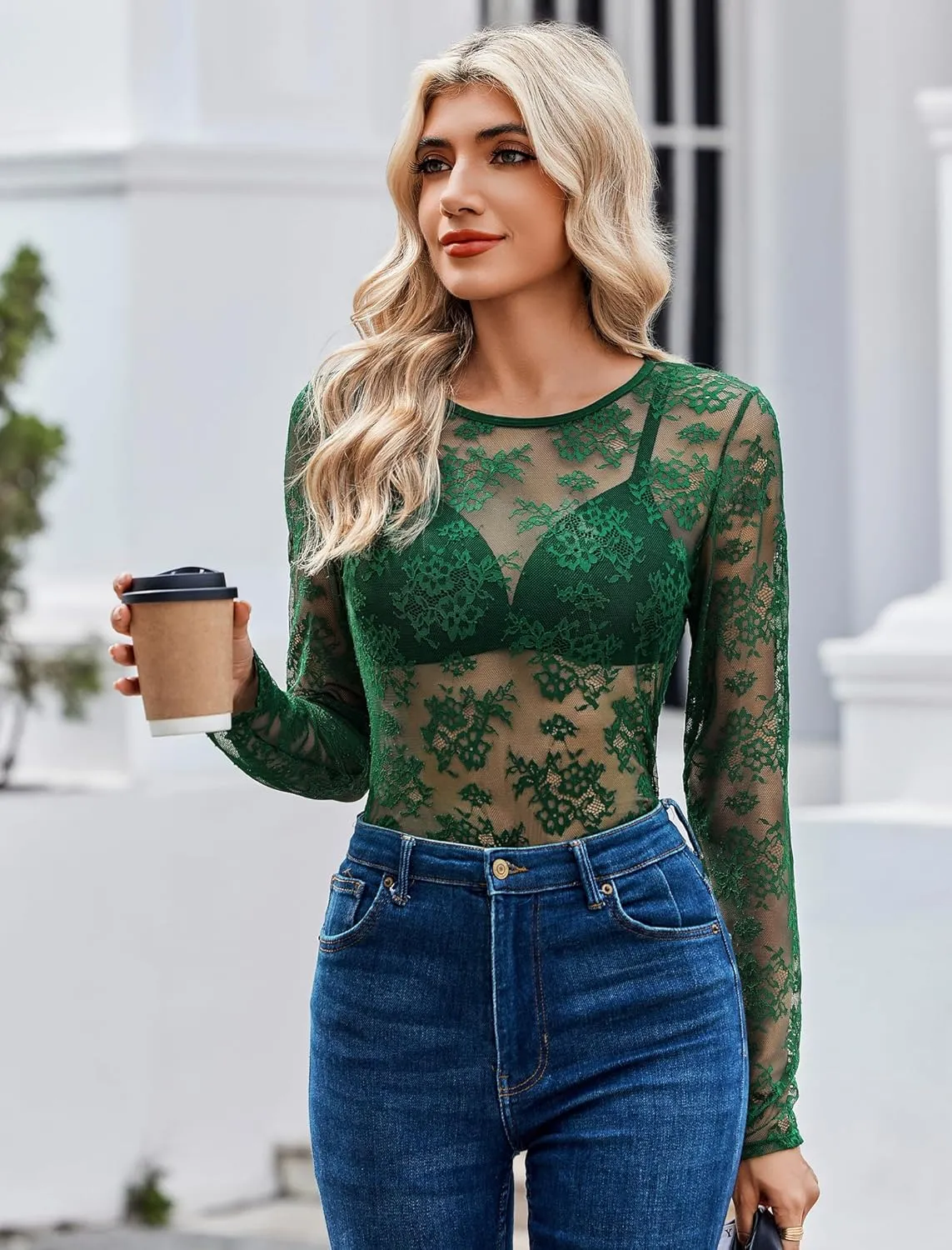 Avidlove Lace Mesh Top for Women Long Sleeve Crew Neck Sheer Blouse See Through Floral Lace Tops