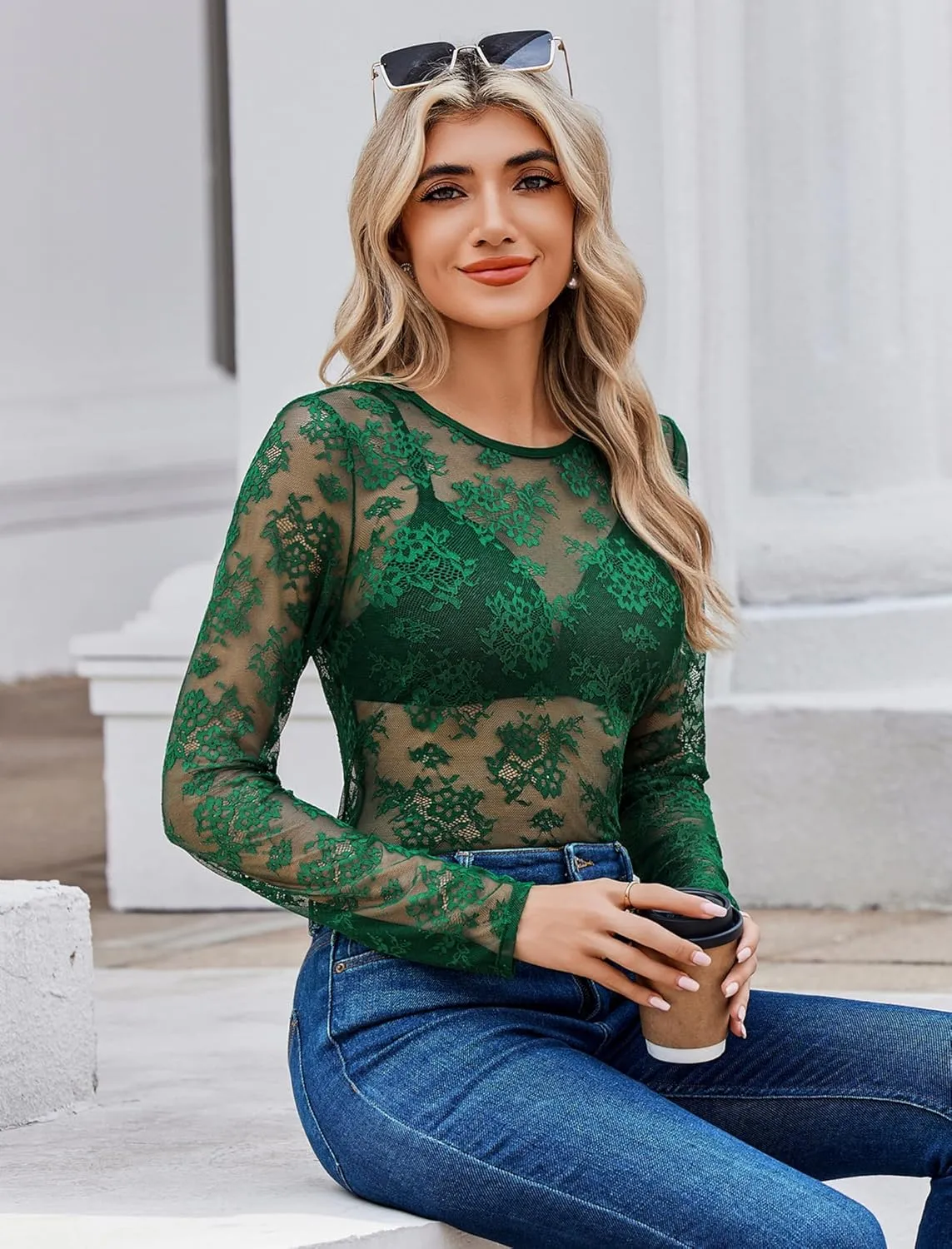 Avidlove Lace Mesh Top for Women Long Sleeve Crew Neck Sheer Blouse See Through Floral Lace Tops