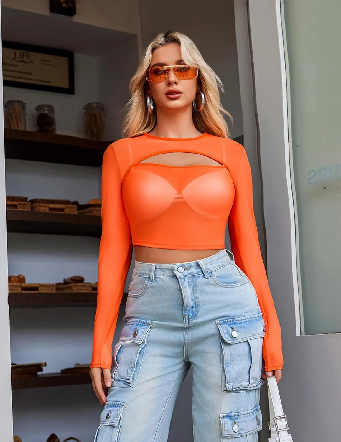 Avidlove Women Mesh Crop Top Long Sleeve Tee Shirt Sheer Blouse Cutout Clubwear