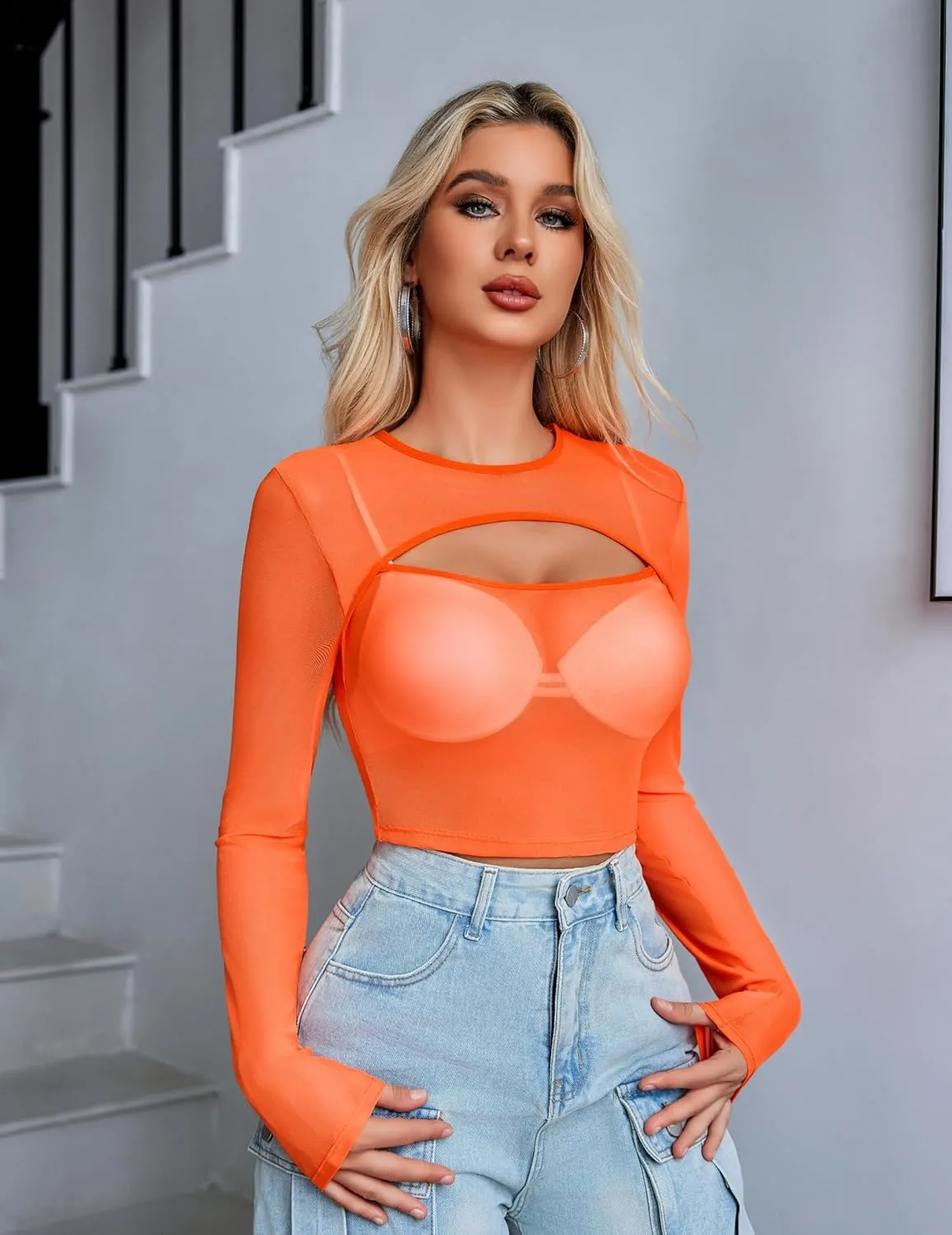 Avidlove Women Mesh Crop Top Long Sleeve Tee Shirt Sheer Blouse Cutout Clubwear