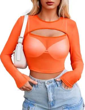 Avidlove Women Mesh Crop Top Long Sleeve Tee Shirt Sheer Blouse Cutout Clubwear
