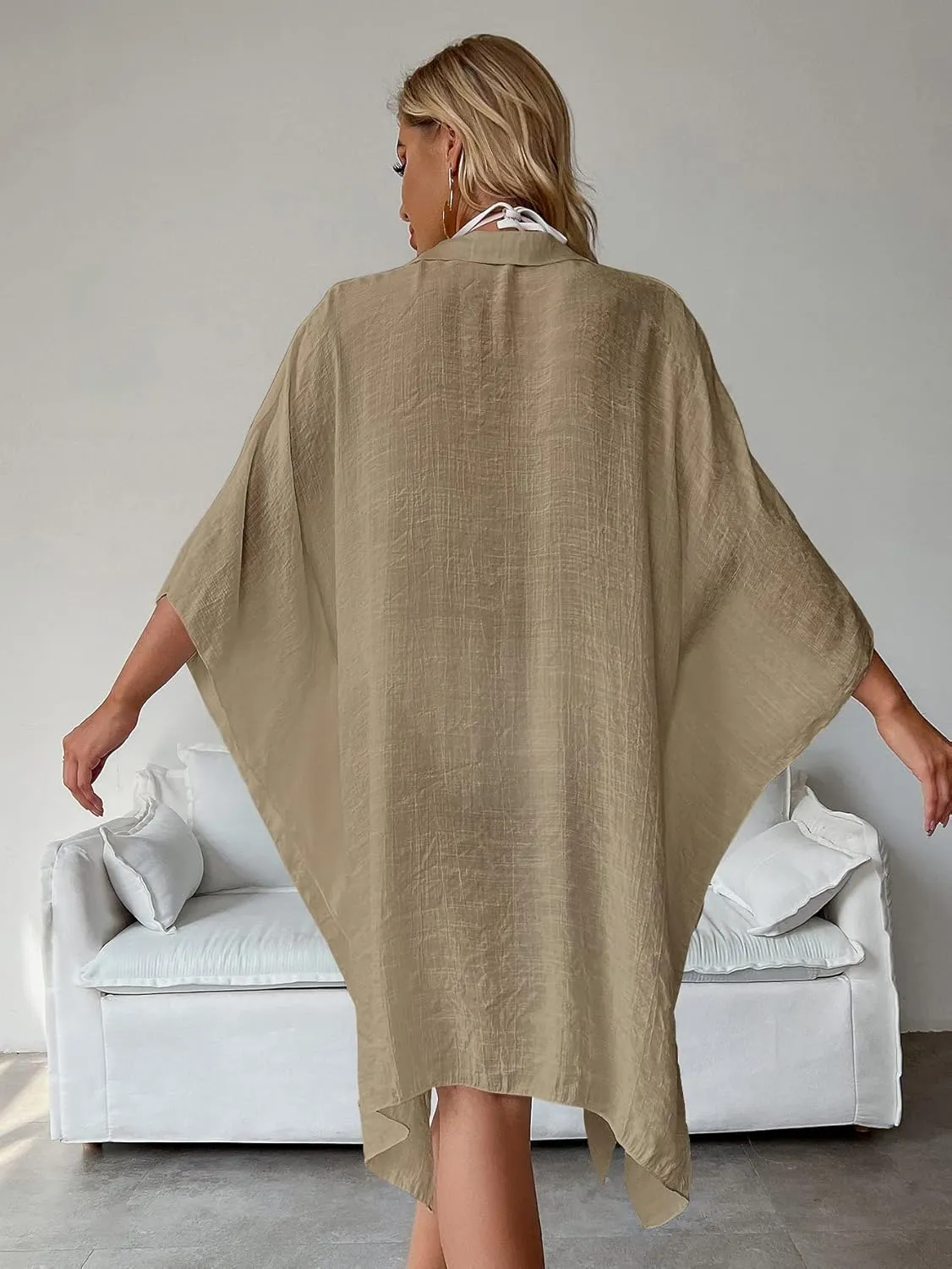 Batwing Sleeve Beach Cover Up Button Front Kimono Bathing Suit Cover Ups