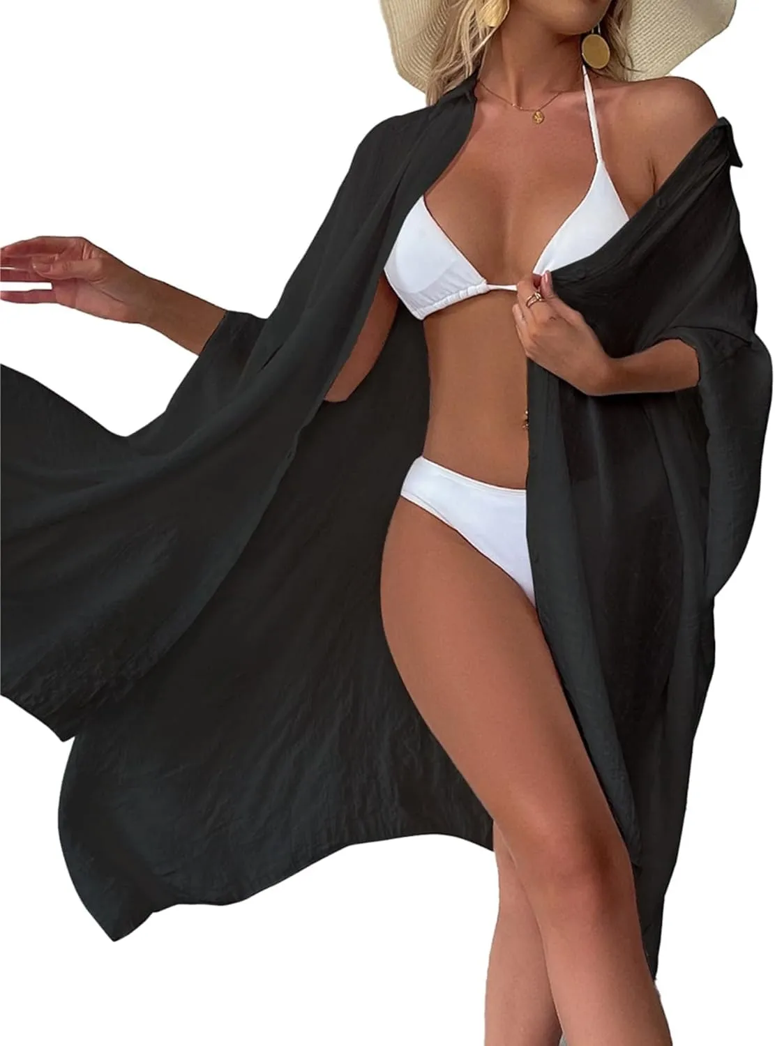 Batwing Sleeve Beach Cover Up Button Front Kimono Bathing Suit Cover Ups