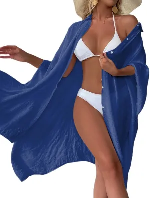 Batwing Sleeve Beach Cover Up Button Front Kimono Bathing Suit Cover Ups